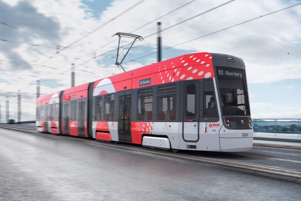 Fotomontage eines weiß-roten Niederflurstadtbahnwagens vom Typ ForCity Smart auf der Kennedybrücke in Bonn.