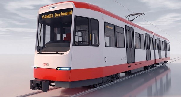 Ein 3D-Rendering eines rot-weißen Stadtbahnwagens vom Typ Vamos HF, der über Gleise fährt.