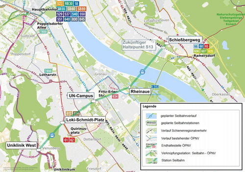 Liniengrafik der geplanten Seilbahn in Bonn. 