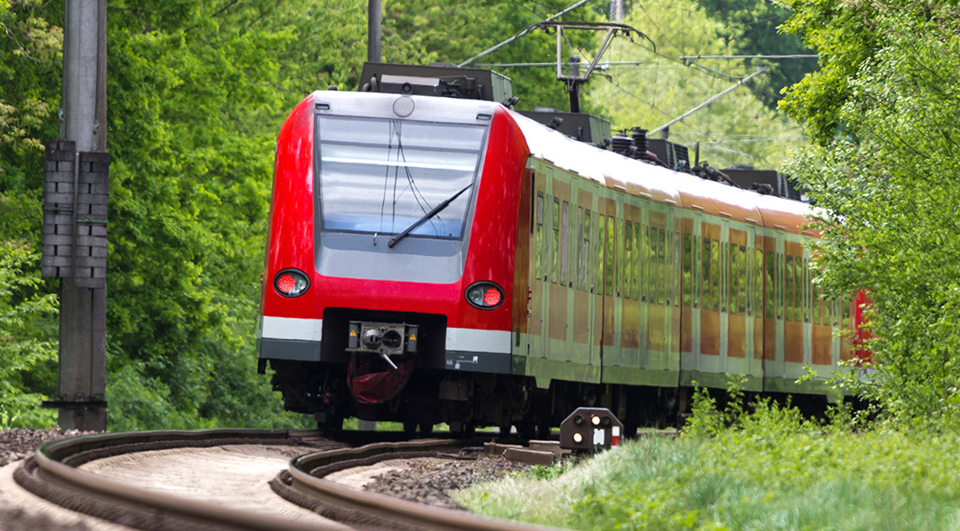 Ein rot-weißer Zug fährt über Gleise, die auf beiden Seiten von dichter Begrünung umgeben sind.