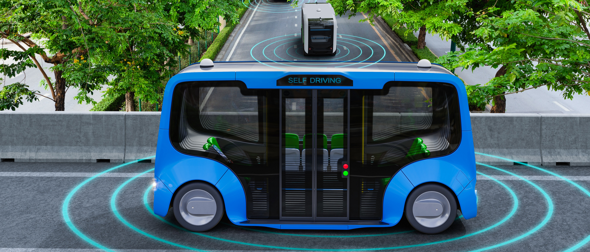 Grafik eines autonom fahrenden Kleinbusses.
