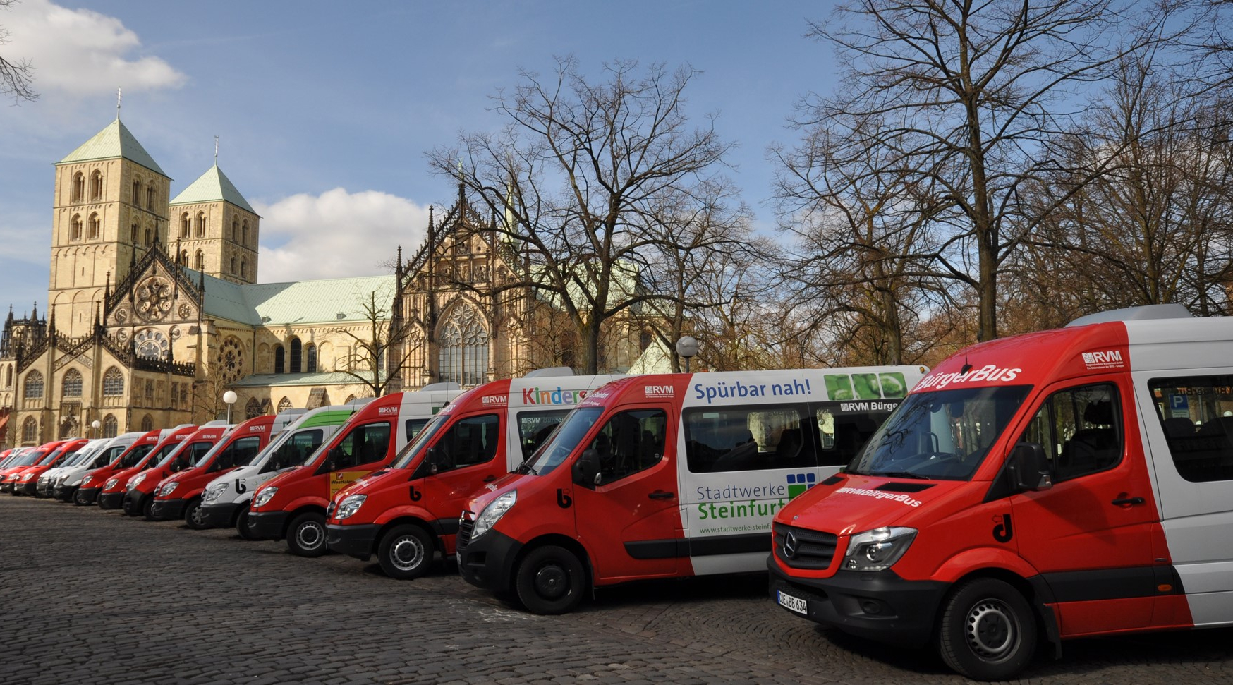 Viele rot-weiße Bürgerbusse der Stadt Münster stehen aufgereiht vor der Kirche St. Paulus.