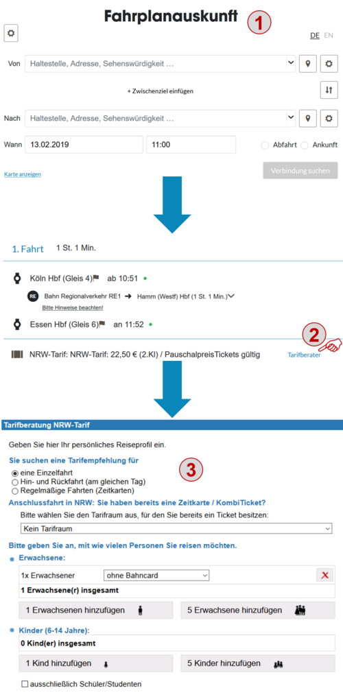 Aufruf NRW-Tarifberater (Ablauf) 1. Fahrplanauskunft, 2. Link "Tarifberater", 3. Reiseprofil eingeben