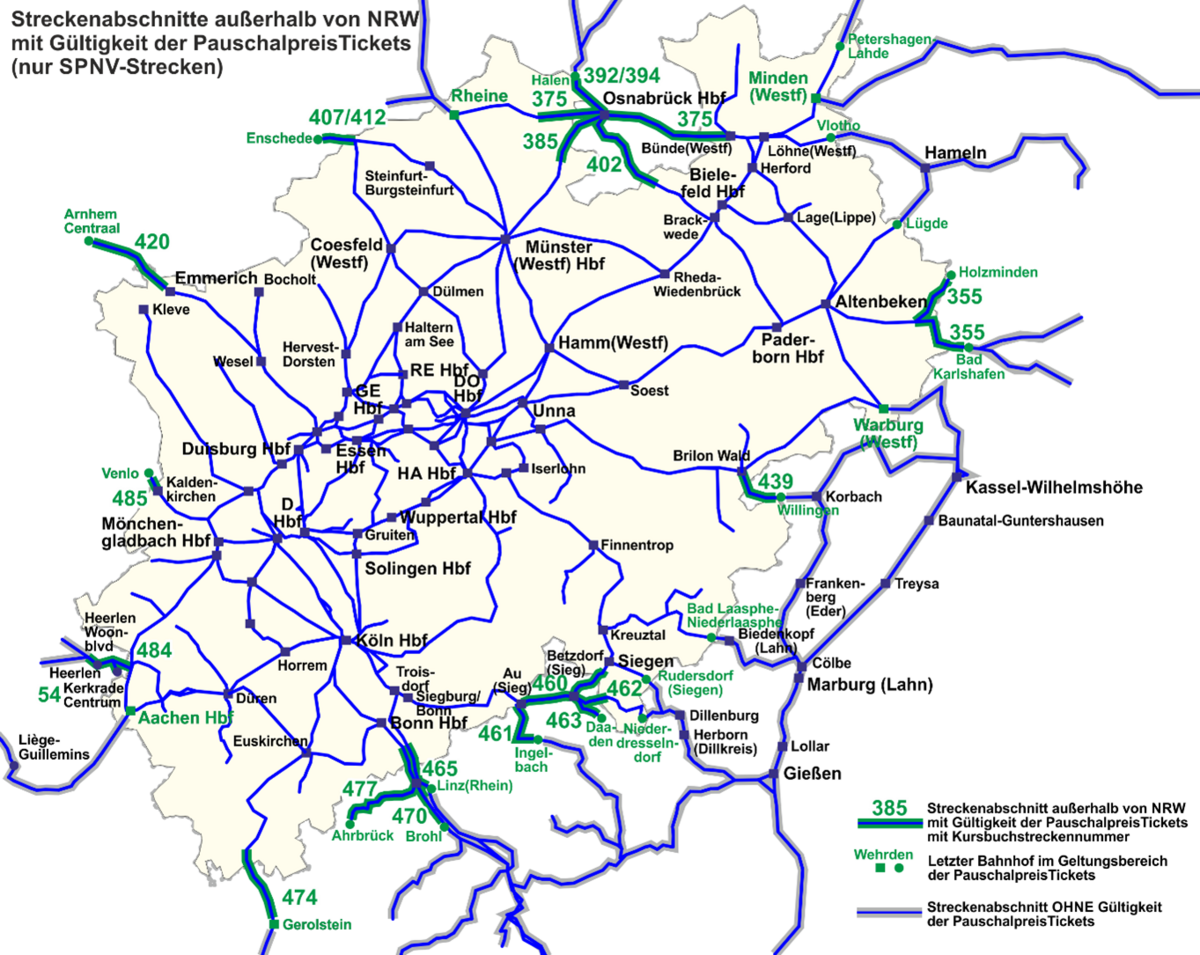Eine detaillierte Darstellung von SPNV-Streckenabschnitten außerhalb von NRW mit und ohne Gültigkeit der Pauschalpreistickets. Außerdem sind die jeweils letzten Bahnhöfe im Gültigkeitsbereich markiert.