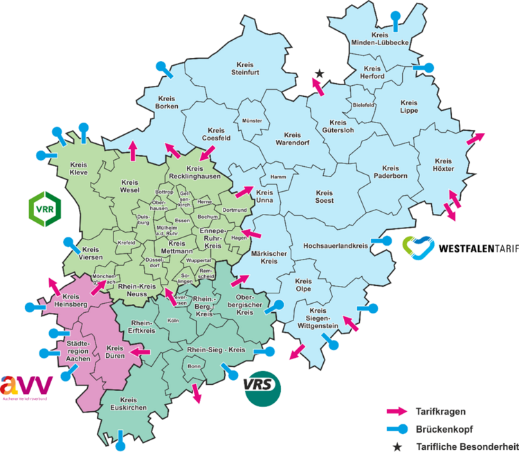Geltungsbereiche der regionalen Verbundtarife in NRW mit Tarifkrägen und Brückenköpfen sowie Sonderregelungen.