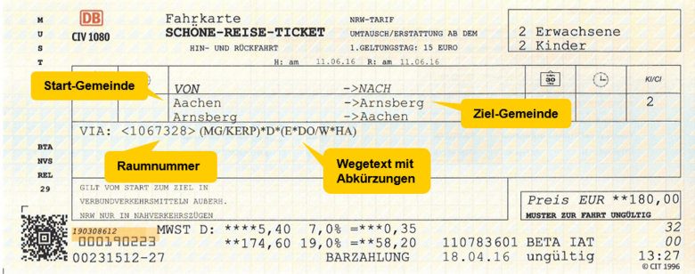 Ein Schöne-Reise-Ticket der Db, auf dem der Relationspreis erklärt wird durch die Anzeige von Start- und Zielort, Raumnummer und Wegetext mit Abkürzungen.