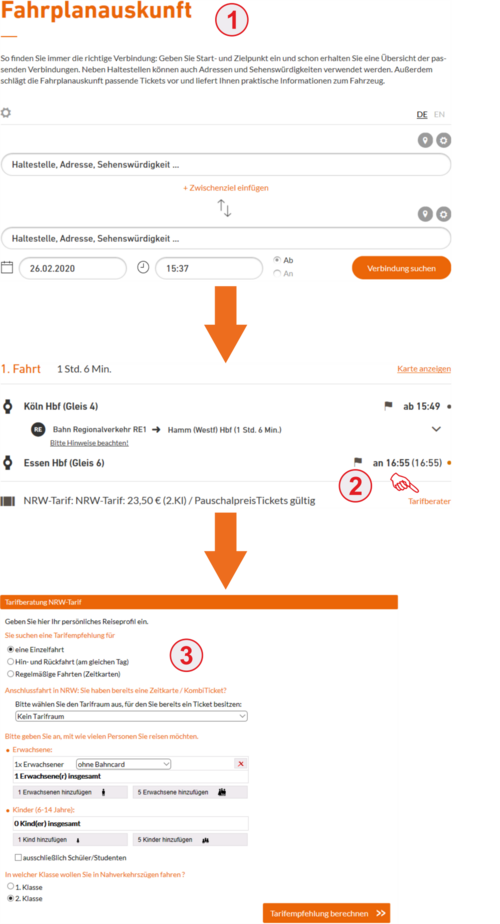 Aufruf NRW-Tarifberater (Ablauf) 1. Fahrplanauskunft, 2. Link "Tarifberater", 3. Reiseprofil eingeben