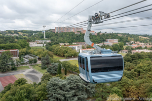 Eine Seilbahn mit großen Kabinen überquert ein Waldgebiet.