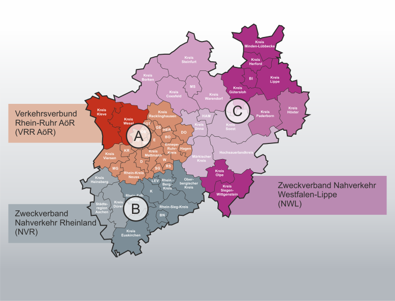 Abgrenzung der ÖPNV-Kooperationsräume in NRW ab 2008. Hierauf abgebildet sind der Verkehrsverbund Rhein-Ruhr AöR (VRR AöR), der Zweckverband Nahverkehr Rheinland (NVR) und der Zweckverband Nahverkehr Westfalen-Lippe (NWL).
