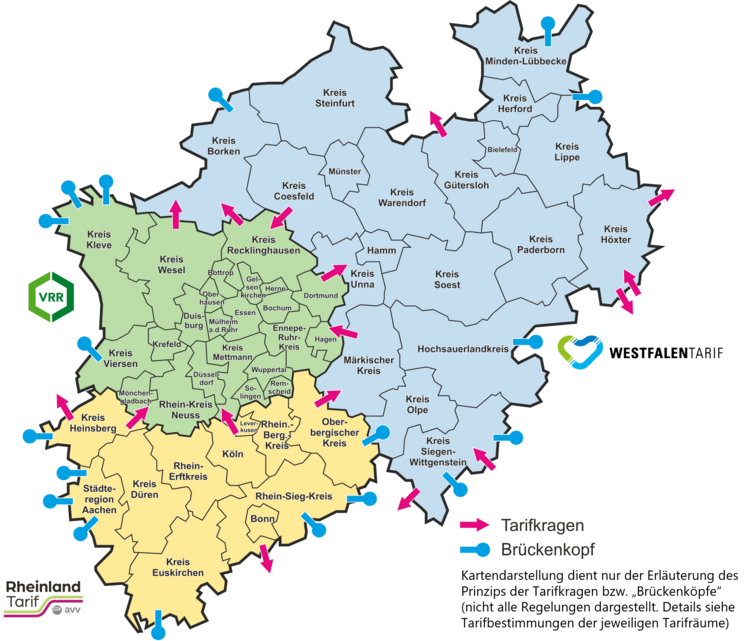 Geltungsbereiche der regionalen Verbundtarife in NRW mit Tarifkrägen und Brückenköpfen.