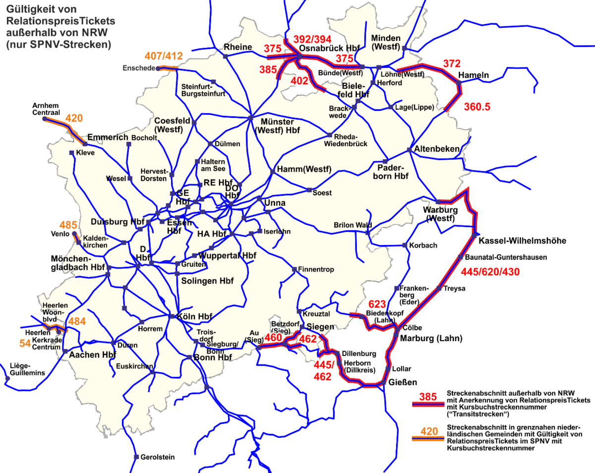 Eine detaillierte Darstellung von SPNV-Streckenabschnitten außerhalb von NRW mit und ohne Gültigkeit der RelationspreisTickets.