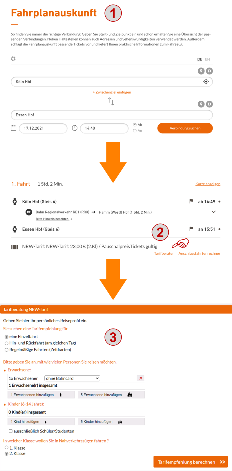 Eine Anleitung für die Nutzung des Tarifberater-Tools in den drei Schritten 1. Fahrplanauskunft, 2. Link "Tarifberater" und 3. Reiseprofil eingeben